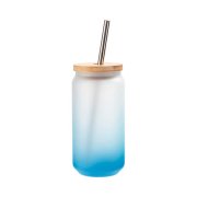 Sklenice 550 ml s bambusovým víčkem matná - modrý gradient sublimace termotransfer