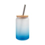 Sklenice 400 ml s bambusovým víčkem matná - modrý gradient sublimace termotransfer