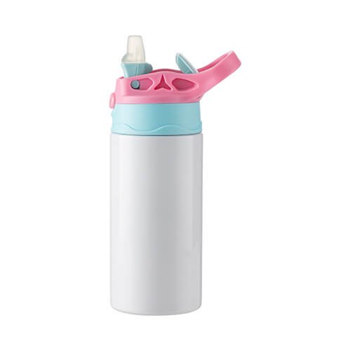 Dětská láhev nerezová 360 ml se silikonovým brčkem bílá - růžový uzávěr sublimace termotransfer - 2