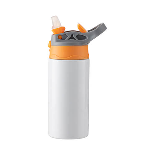 Dětská láhev nerezová 450 ml se silikonovým brčkem bílá - šedý uzávěr sublimace termotransfer