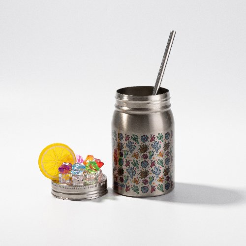 Hrnek kovový "Mason Jar" s brčkem 500 ml stříbrný a ozdobným víčkem Led a citron sublimace termotransfer - 2
